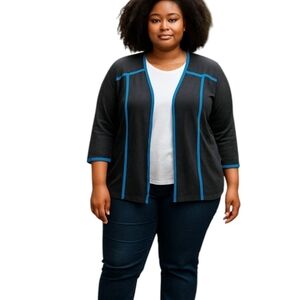 Ming Wang open front black textured knit cardigan with turquoise blue trim Sz 0X